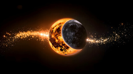 Wall Mural - A celestial view depicts a dark moon and a fiery sphere