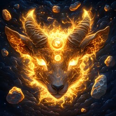 Wall Mural - A magical creature with multiple eyes and glowing horns, surrounded by floating rocks and cosmic energy
