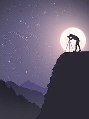 Poster - Woman with camera on cliff. Night photography. Moonlight, full moon