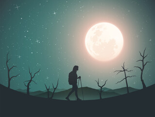 Poster - Woman walks with trekking poles. Hiking at mountain range. Full moon