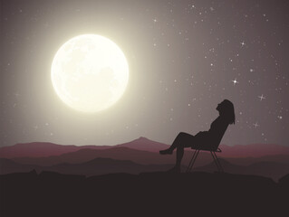 Poster - Woman sitting on camp chair. Relax at mountains. Moonlight night