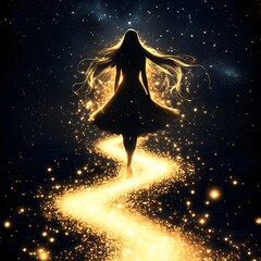 Wall Mural - a woman with long flowing hair made of light, walking along a glowing path through a dreamlike lands
