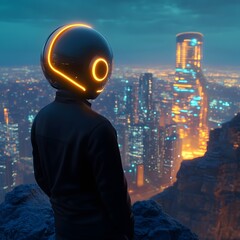 Wall Mural - A person wearing a futuristic helmet, standing on the edge of a cliff, watching a glowing city in the distance