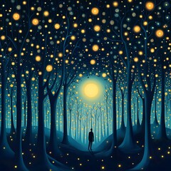 Wall Mural - A glowing forest filled with bioluminescent creatures, with a figure standing in the middle, observing their surroundings