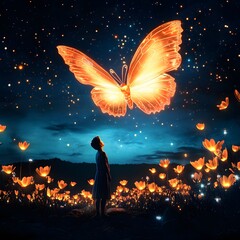 Wall Mural - a glowing, mechanical butterfly flying over a field of glowing flowers, with a person watching it in