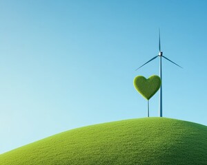 Wall Mural - a wind turbine in the shape of a heart placed on a green hill