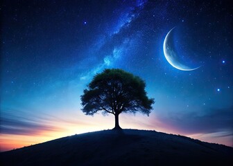Wall Mural - Lonely tree silhouetted against a crescent moon and starry sky, atop a peaceful hilltop.