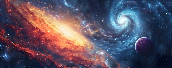 Wall Mural - a spiral galaxy with a red and yellow sun in the center