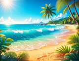 Wakacyjna ilustracja z tropikalną plażą, morzem i palmami