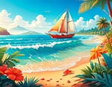 Wakacyjna ilustracja z tropikalną plażą, morzem i statkiem przybijającym do brzegu