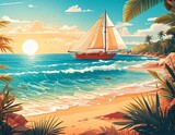 Wakacyjna ilustracja z tropikalną plażą, morzem i statkiem przybijającym do brzegu