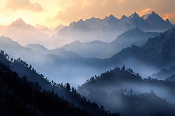 Wall Mural - Sunset mountain layers generative AI