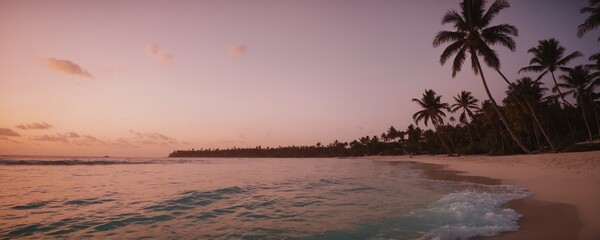 Wall Mural - serene tropical beach at sunset, with pink and orange skies reflecting on the calm waves, and palm t