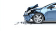 © Wasun - damaged blue car with crumpled front end, showcasing aftermath of collision. wreckage includes scattered debris on white background, emphasizing severity of accident
