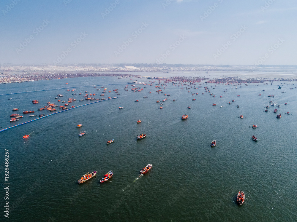 Prayag Raj View Aerial View of people gathering for Prayag Kumbh Mela along the Yamuna ...
