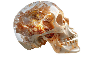 Wall Mural - Human Skull with Energetic Crystals and Electric Sparks Demonstrating a Unique Concept of Life and Energy Exchange