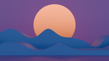 Poster - Minimal abstract scene with a large orange sun and rolling blue waves against a purple sky, creating a dreamy, surreal landscape with soft curves and serene tones........