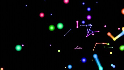 Fototapete - Neon-colored dots, lines, and shapes floating across a black background, forming a vibrant, futuristic scene with hints of cosmic geometry and minimalistic design........