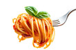 © Splash - A fork holding spaghetti with tomato sauce and basil against a white background in a close up shot