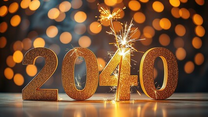 Fototapete - Silvester Sylvester 2040 New year New Year's Eve Party background banner panorama illustration - Abstract gold firework fireworks on dark green texture with bokeh lights