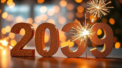 Fototapete - Silvester Sylvester 2039 New year New Year's Eve Party background banner panorama illustration - Abstract gold firework fireworks on dark green texture with bokeh lights