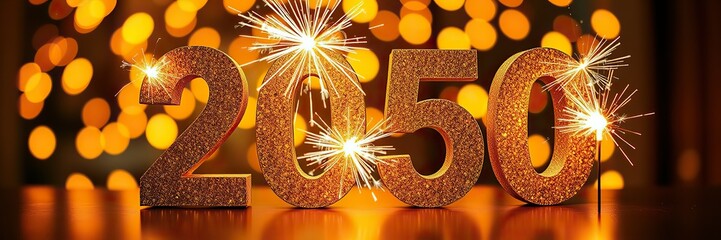 Fototapete - Silvester Sylvester 2050 New year New Year's Eve Party background banner panorama illustration - Abstract gold firework fireworks on dark green texture with bokeh lights