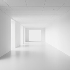 Poster - Minimalist White Hallway with Natural Light and Blank Canvas for Art Display in a Modern Building
