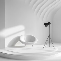 Poster - Minimalist White Interior Scene with Armchair and Spotlight against a Curved Wall Background