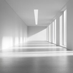 Poster - Modern All-White Corridor with Sunlight Streaming Through Windows Creating Shadows and a Sense of Clean Spaciousness