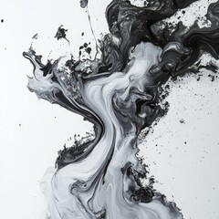 Poster - Monochromatic Liquid Dance: Abstract Black and White Ink Flowing on a White Canvas with Splatters and Artistic Movement