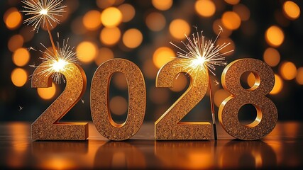 Fototapete - Silvester Sylvester 2028 New year New Year's Eve Party background banner panorama illustration - Abstract gold firework fireworks on dark green texture with bokeh lights