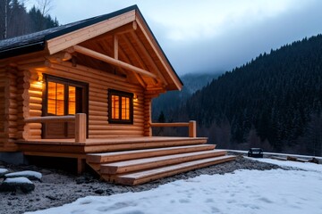 Wall Mural - Cozy wooden cabin glowing in twilight, nestled in snowy mountain scenery