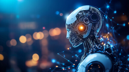 futuristic robot head with glowing features, showcasing advanced technology and artificial intelligence. background is blurred with colorful lights, creating dynamic atmosphere