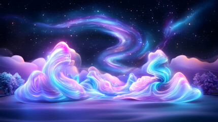 A vibrant, otherworldly aurora borealis scene