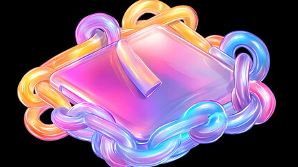 Abstract design of a colorful, geometric object surrounded by linked chains.  Dynamic, glowing shapes create a captivating visual effect