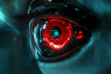 Wall Mural - Robotic Eye with Red Glow on a Dark Background