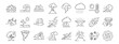 © Jolly J - Disaster, weather hazard line icon set. Vector pictograms of natural and environmental calamities, wildfire, earthquake, tornado, flood, tsunami, volcanic eruption, blizzard thin linear illustration.
