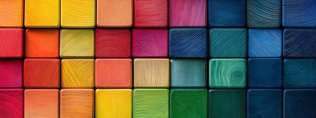 Wall Mural - Color Spectrum Blocks: An abstract mosaic composed of evenly arranged, vibrantly colored blocks forming a spectrum of hues, symbolizing creativity, diversity, and playful design.
