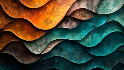 Wall Mural - Abstract Wavy Texture: A mesmerizing abstract design of layered, wavy forms in a rich palette of earth tones, creating a dynamic and textured artwork.
