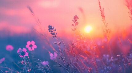 Fototapete - Wildflowers and grass swaying in golden sunset light over meadow