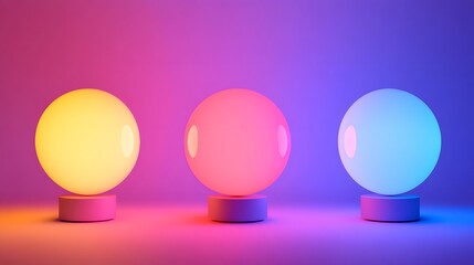 Aufkleber - Three glowing spheres on pedestals emitting vibrant colors in a modern studio setting