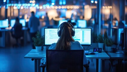 Night Shift Coder: A Woman Working Late in a Tech Office