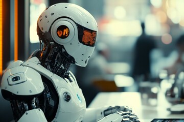 Aufkleber - Futuristic humanoid robot engaging with technology in a modern urban setting