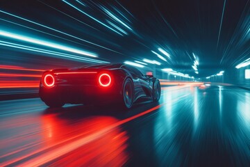 Aufkleber - Fast car racing through a futuristic tunnel with vibrant lights at night