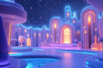 Poster - Vibrant fantasy landscape with glowing architecture under a starry night sky