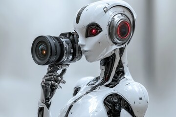 Fototapete - Futuristic robot capturing images with a professional camera in a modern, high-tech environment