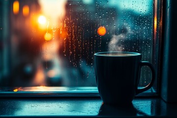 Aufkleber - Warm cup of coffee by a rainy window at sunset with beautiful reflections and glowing street lights