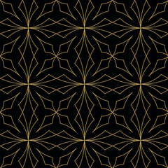 Abstract geometric pattern with squares, crosses, stripes, lines. Seamless vector background. Black and gold ornament. Modern reticulated graphic design.