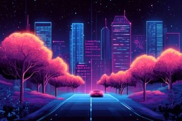 Poster - Vibrant neon city skyline with a glowing car cruising down a tree-lined road during the night