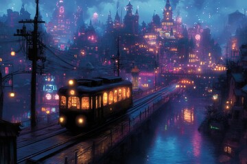 Poster - Transport travels through a vibrant, glowing cityscape at dusk under a starry night sky